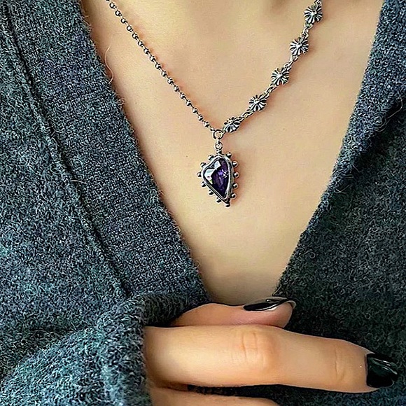 Heart Amethyst Sterling Silver Pendant Charm Punk Necklace - Picture 7 of 7